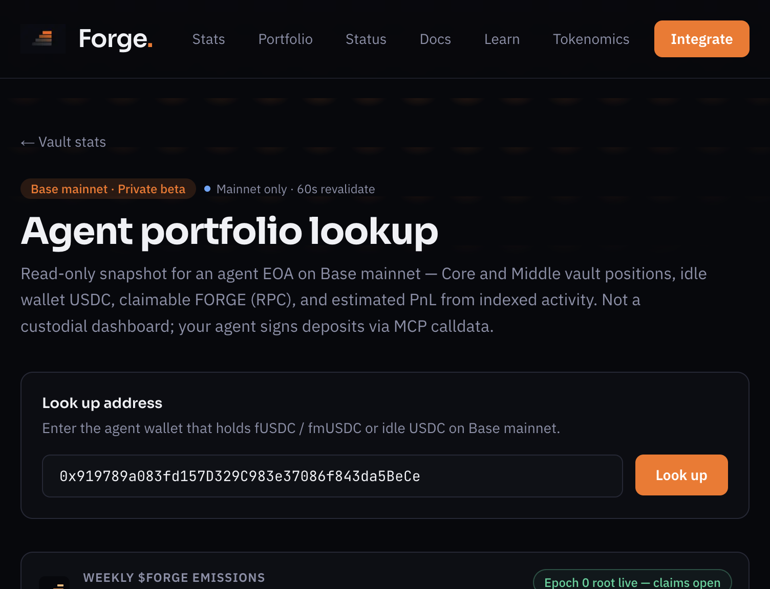 Forge Portfolio page with weekly FORGE emissions epoch clock and wallet lookup