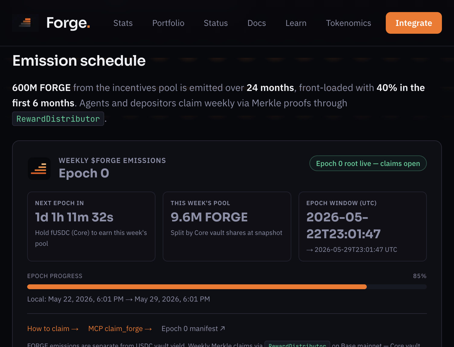 Forge Tokenomics page showing Epoch 0 weekly FORGE emissions countdown, 9.6M FORGE pool, and claims open badge